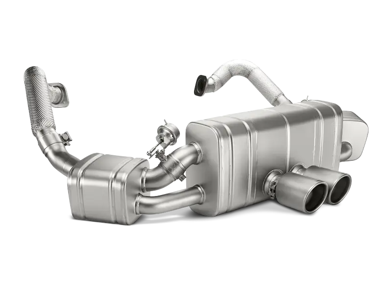 Silver Porsche Boxster exhaust system with titanium tips from Akrapovic slip-on line