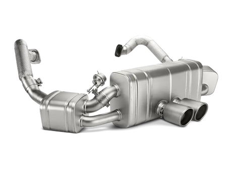 Silver Porsche Boxster exhaust system with titanium tips from Akrapovic slip-on line