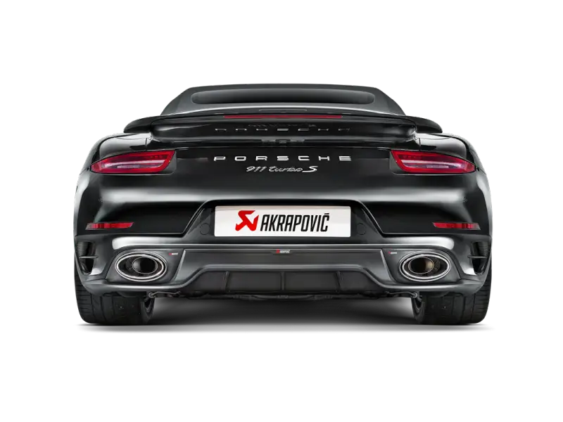 Black Porsche 911 Turbo S with Akrapovic slip-on line and carbon titanium tips