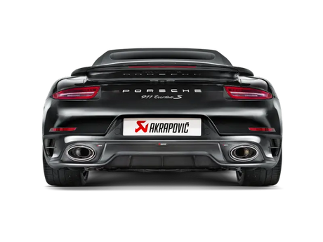 Black Porsche 911 Turbo S with Akrapovic slip-on line and carbon titanium tips