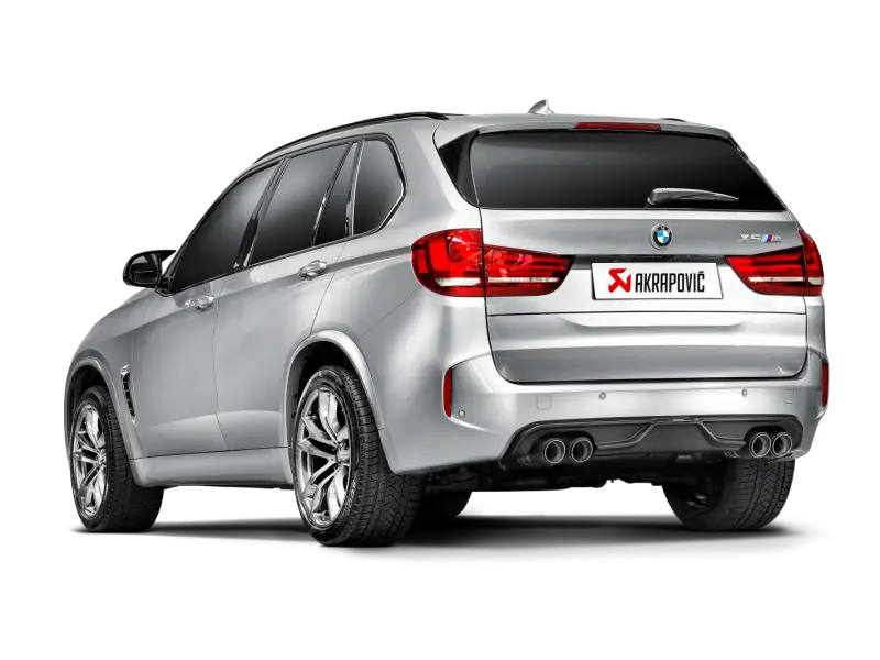 Silver BMW X5M with Akrapovic Evolution Line Cat Back Titanium exhaust and carbon tips