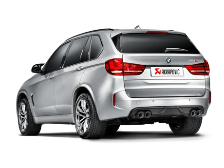 Silver BMW X5M with Akrapovic Evolution Line Cat Back Titanium exhaust and carbon tips