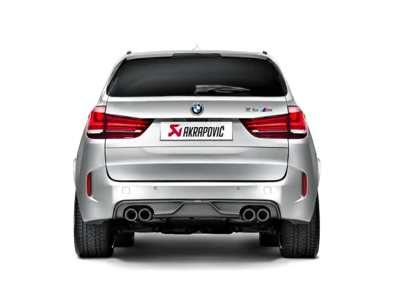 Silver BMW X5M rear view with Akrapovic Evolution Line Cat Back Titanium tips