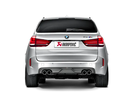 Silver BMW X5M rear view with Akrapovic Evolution Line Cat Back Titanium tips
