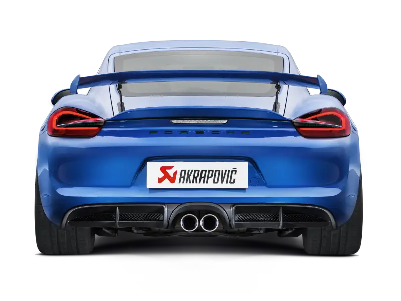 Blue sports car rear view featuring Akrapovic titanium exhaust on Porsche Boxster Spyder