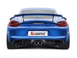 Blue sports car rear view featuring Akrapovic titanium exhaust on Porsche Boxster Spyder
