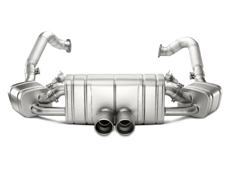 Silver car exhaust system for Porsche Boxster Spyder 981 with titanium tips