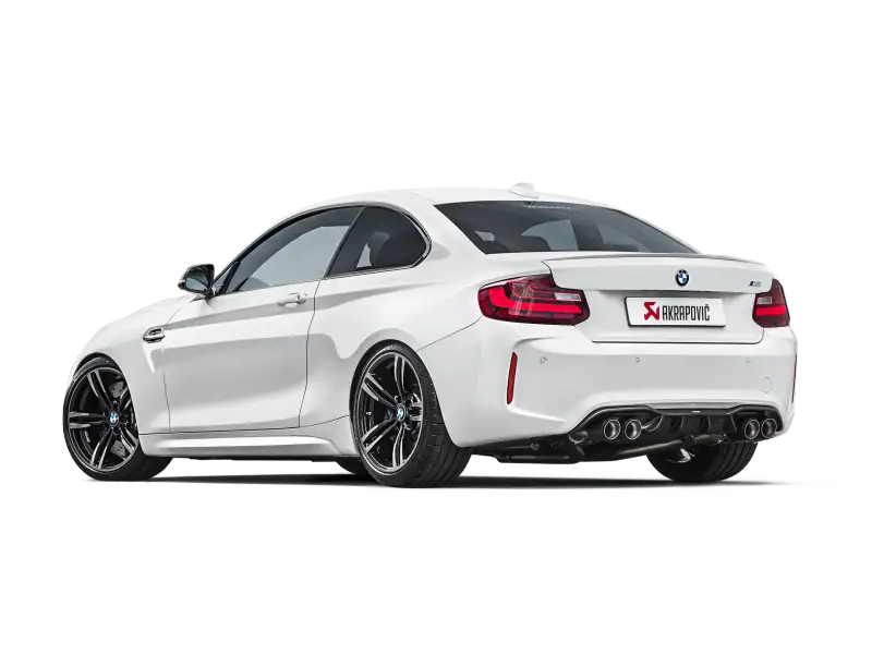 White BMW M2 F87 coupe with Evolution Line Cat Titanium exhaust and Carbon Tips