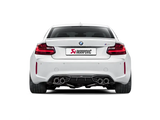 White BMW M2 with Akrapovic exhaust showcasing rear carbon fiber diffuser