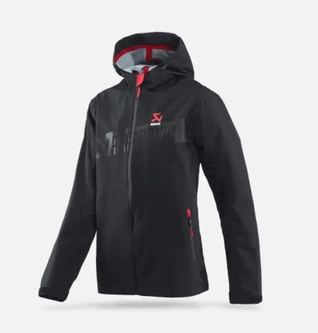 Black hooded Akrapovic Womens Corpo Rain Jacket for stylish rainy days