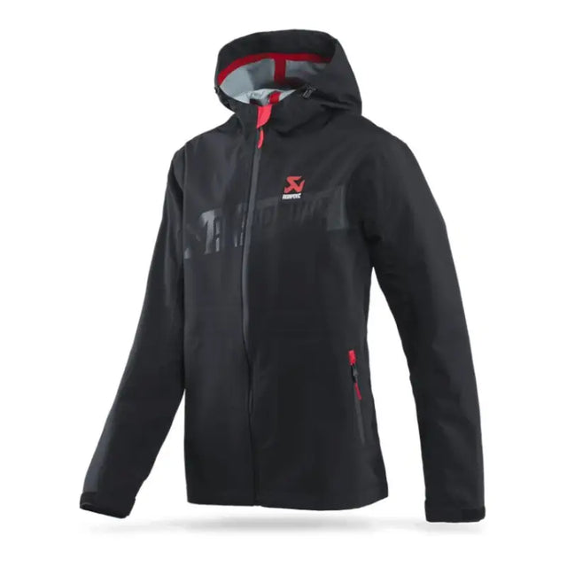 Black akrapovic womens corpo rain jacket showcasing a stylish hooded design