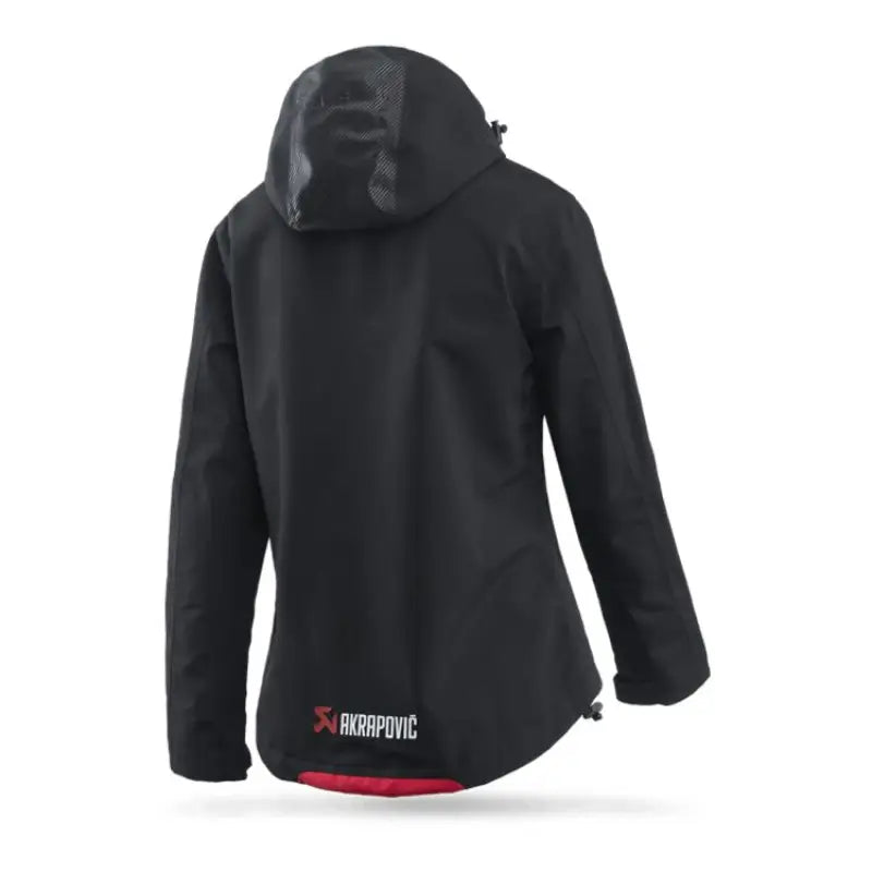 Black hooded Akrapovic Womens Corpo Rain Jacket for women in small size