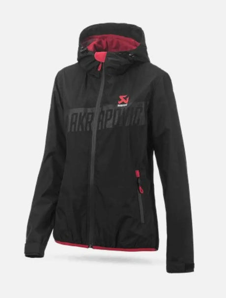 Black hooded jacket with red accents from Akrapovic Womens Corpo Windbreaker collection