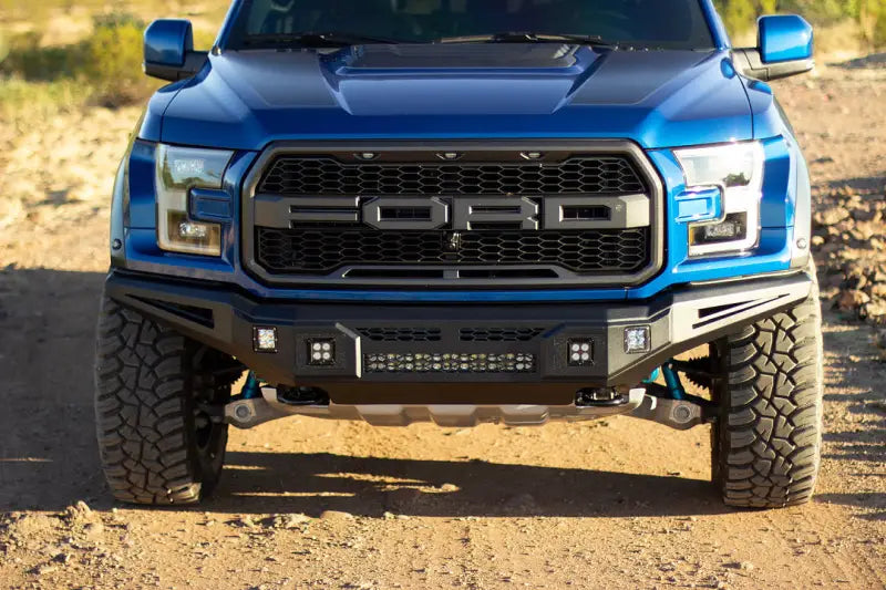Blue Ford Raptor truck with al-fbm35fdn-rt ici stainles aluminum front bumper