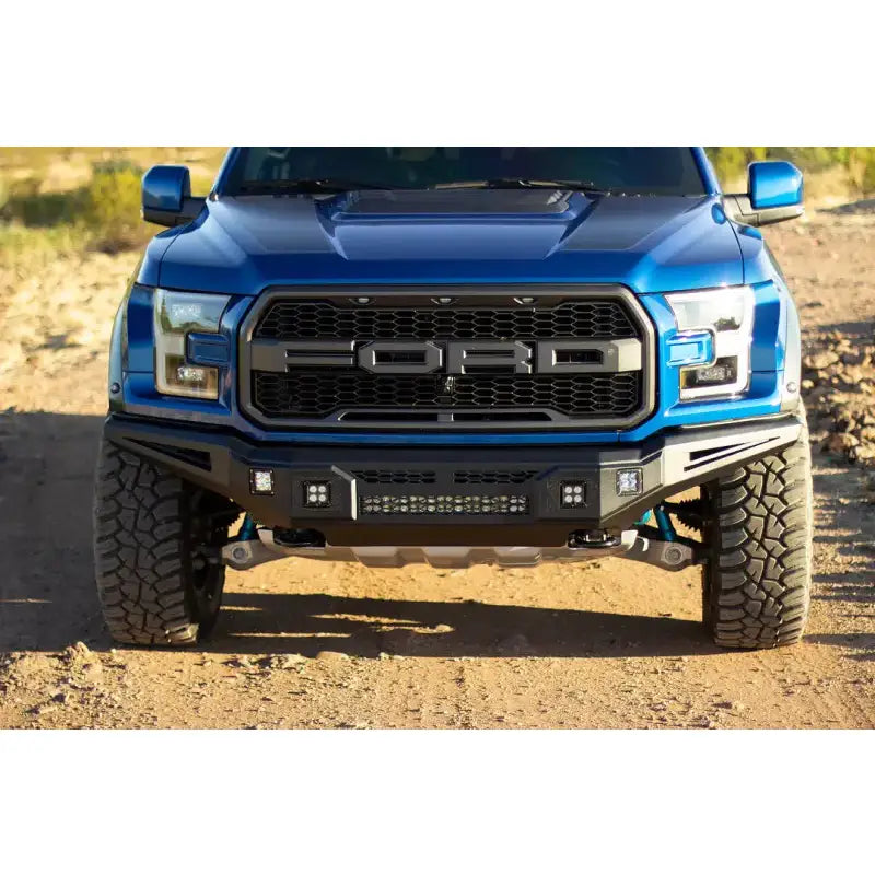 Blue Ford Raptor truck with al-fbm35fdn-rt ici stainles aluminum front bumper