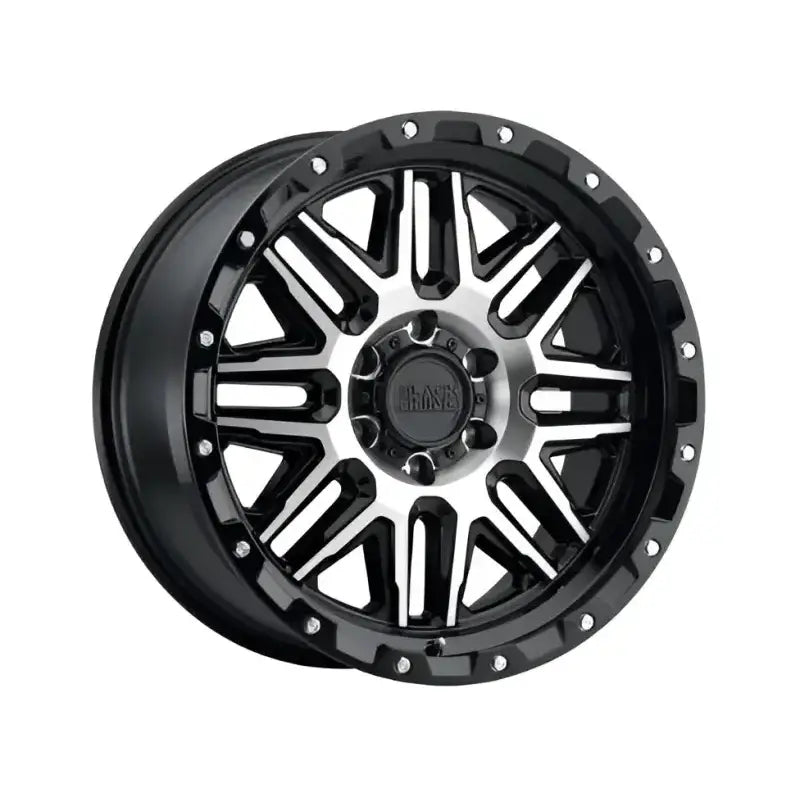 Black and white Alamo G-Black Machined off-road wheel with rugged design and matte finish