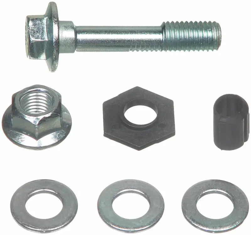 Assorted metal hardware showing bolts in the Alignment Cam Bolt Kit OE Replacement