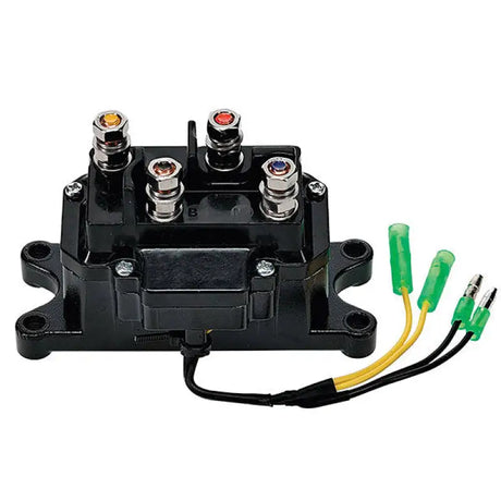 Black winch solenoid contactor with four terminals for reliable power distribution in vehicles