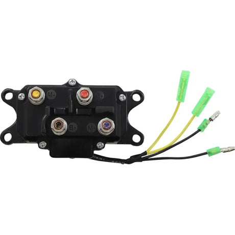 Black 4-post solenoid relay with wiring harness for reliable power distribution in vehicle’s electrical system