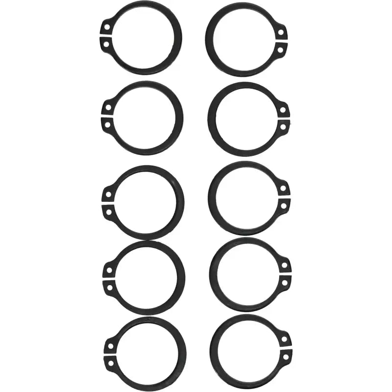 Ten black countershaft clip snap rings for outer seal replacement in All Balls 25-6014