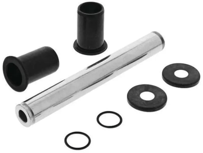 Shiny metal cylinder with black bushings and washers.