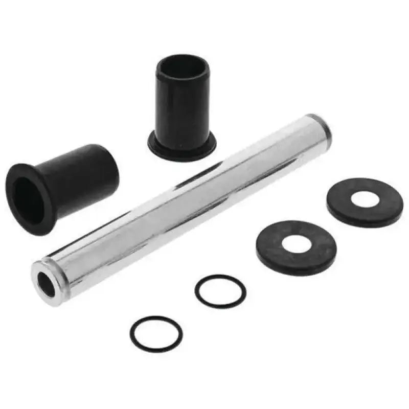 Shiny metal cylinder with black bushings and washers.