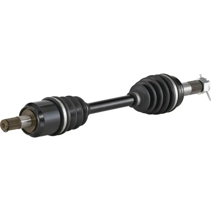 Black axle shaft with rubber boots.