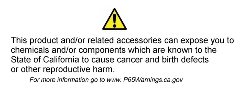 Warning label stating that the product can expose you to chemicals known to cause cancer and birth defects, with a link to www.P65Warnings.ca.gov for more information.