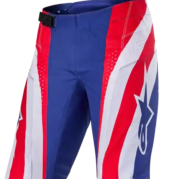 Alpinestars red, white and blue motorcycle pants with star design.