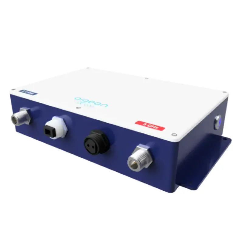 White and blue AN7000AC Aigean Network WiFi Extender with multiple ports for setup