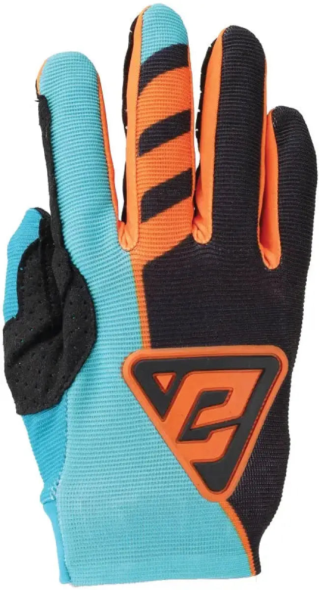 Turquoise orange and black motocross glove from Answer 25 Aerlite Nitro Gloves Black/Astana/Hyper Orange YouthâSmall
