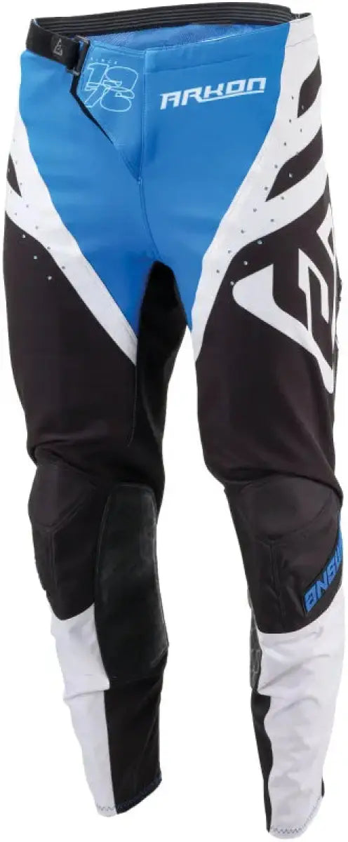 Black, white, and blue Arkon Nitrus Pants with reinforced knees for motocross riding