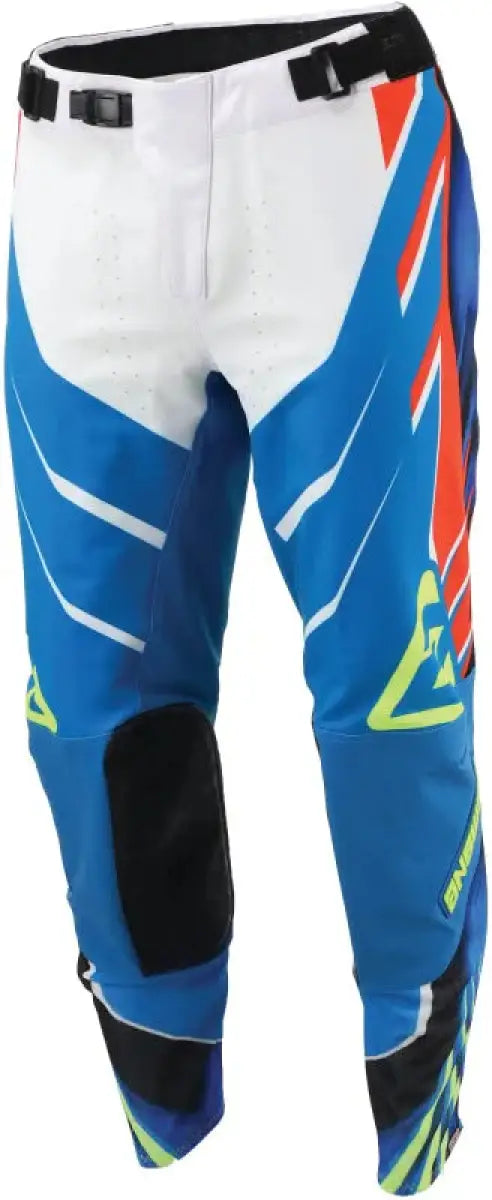 Blue white and orange Elite Xotic Pants with black knee panels for motocross riding