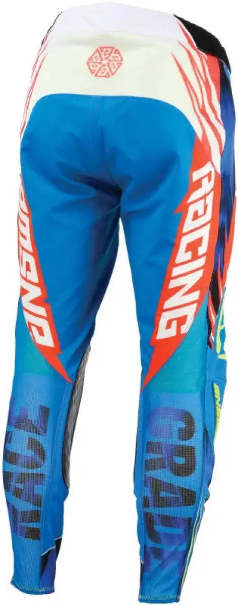 Blue white and red Xotic Pants with graphic designs for elite Xotic Pants riding style