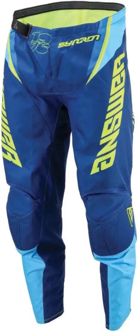 Blue and neon yellow Syncron Envenom Pants for motocross youth size 26