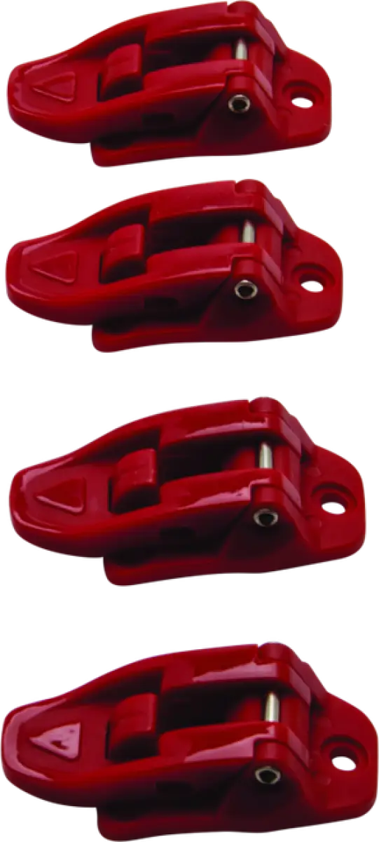 Four red lockout devices on the Answer AR1 Boot Buckle Kit for safety