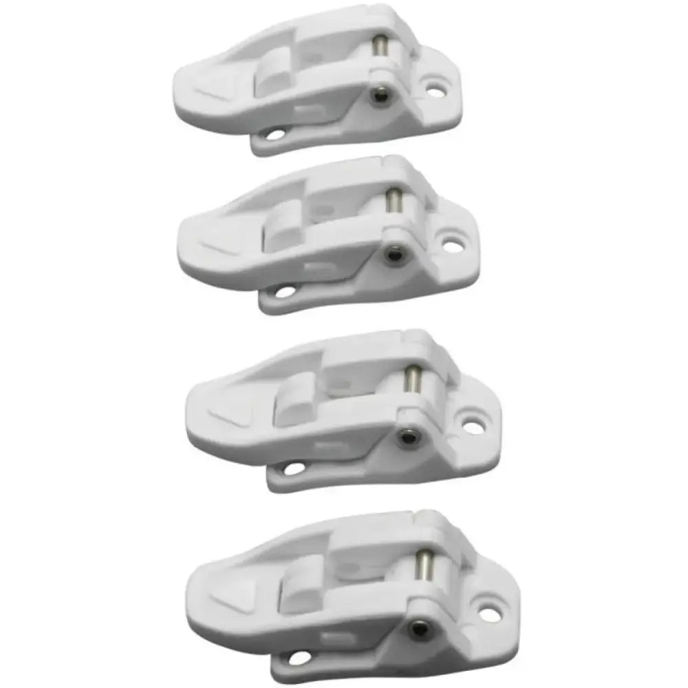 Four white plastic latches from the Answer AR1 Boot Buckle Kit for easy repair