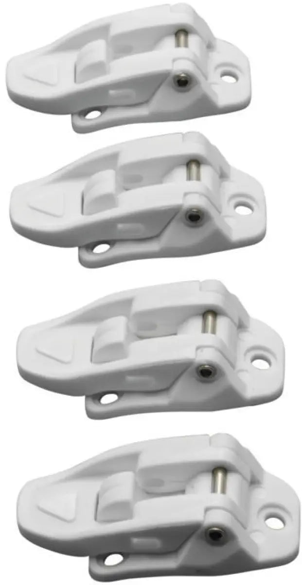 Four white plastic latches from the Answer AR1 Boot Buckle Kit for easy repair