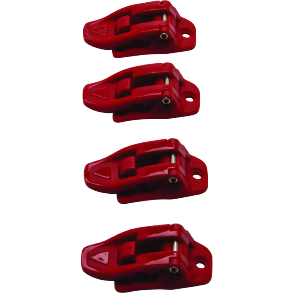 Four red Answer AR1 Boot Buckle lockout devices for youth safety and security