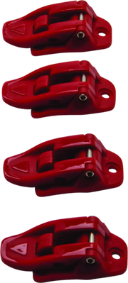 Four red Answer AR1 Boot Buckle lockout devices for youth safety and security