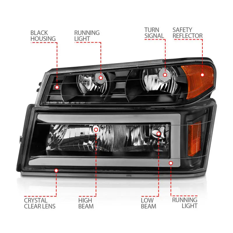 ANZO 111558 ANZO 04-12 GM Colorado/Canyon/I-Series Crystal Headlights - w/ Light Bar Black Housing 4pcs