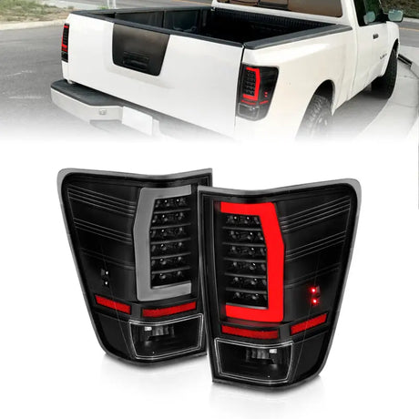 Aftermarket black housing LED taillights for Nissan Titan pickup truck