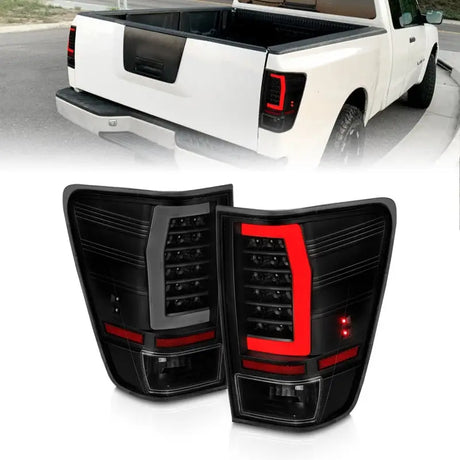Aftermarket black housing smoke lens LED tail lights for Nissan Titan pickup truck