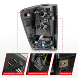 Rear Nissan Titan LED tail light assembly with black housing and smoke lens wiring