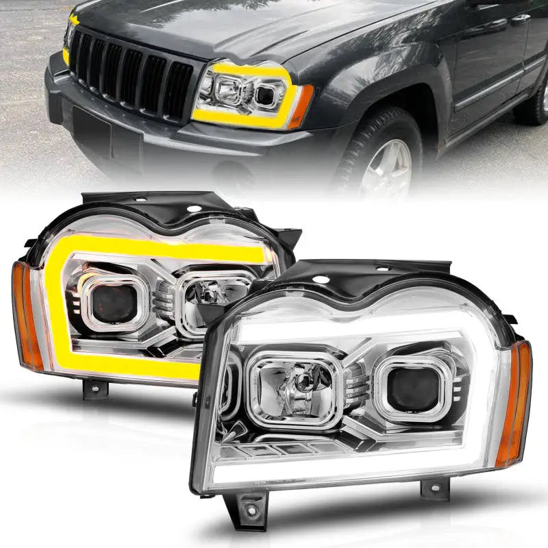 Aftermarket LED headlights with light bar for Jeep Grand Cherokee in chrome housing