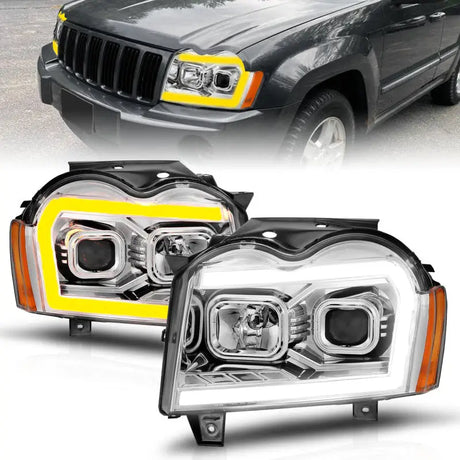 Aftermarket LED headlights with light bar for Jeep Grand Cherokee in chrome housing