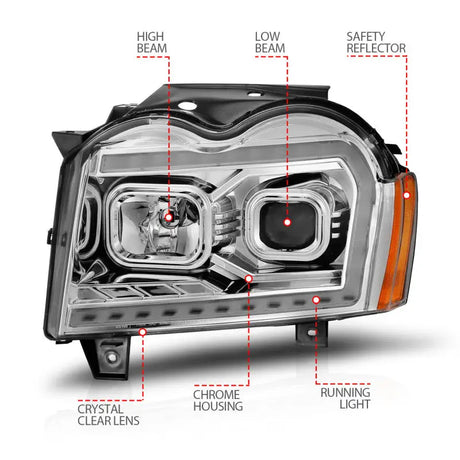 Chrome housing Jeep Grand Cherokee projector headlights with light bar and high beam setup