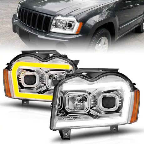Aftermarket LED headlights with light bar for Jeep Grand Cherokee in chrome housing