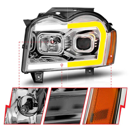 Split-view of Jeep Grand Cherokee headlights with standard and LED light bar style in chrome housing