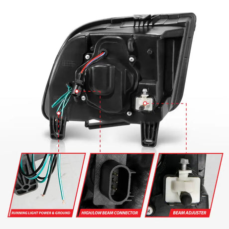 Rear view of Ford Mustang projector headlights with wiring and light bar in black housing